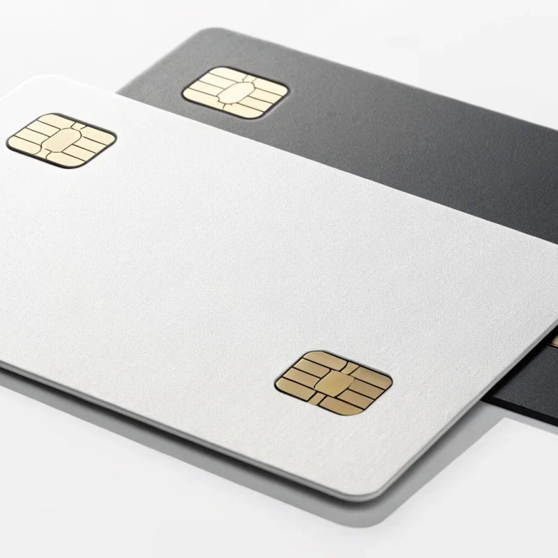 A silver and a black dual pricing debit card for business payment processing.