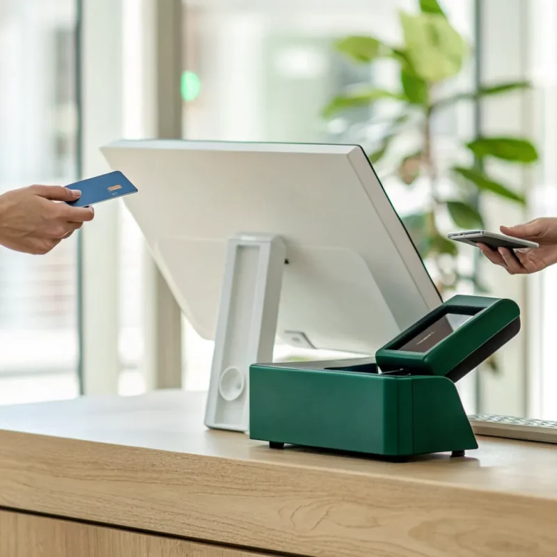 A customer makes a payment at a small business using its dual pricing program.