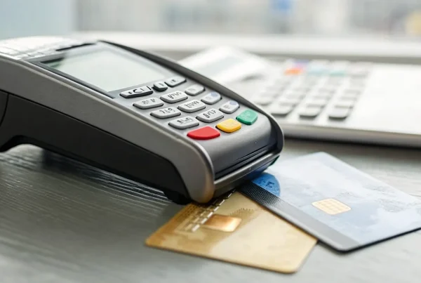 Credit card terminal comparing dual pricing vs cash discount options.