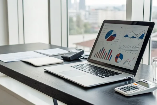 Comparing e-merchant services reviews on a laptop with charts and a calculator.