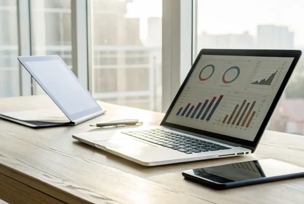 A person comparing quotes for merchant services on a laptop with financial graphs.