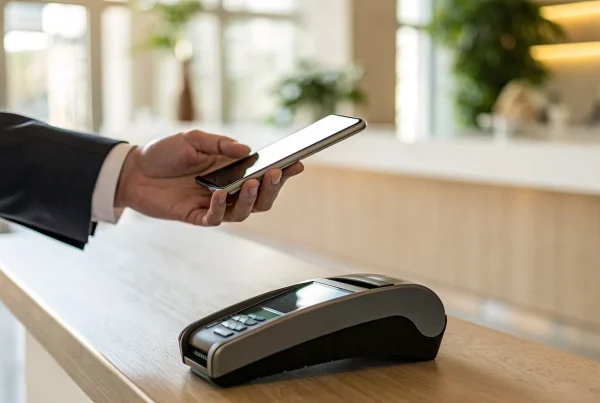 How a contactless payment terminal works with a smartphone tap using NFC.