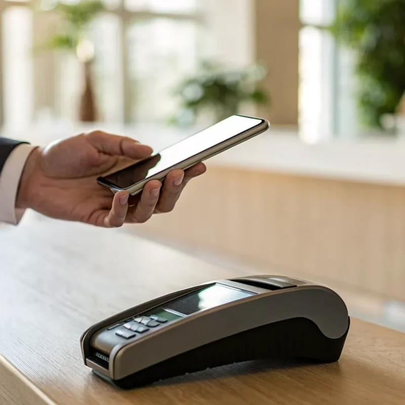 How a contactless payment terminal works with a smartphone tap using NFC.
