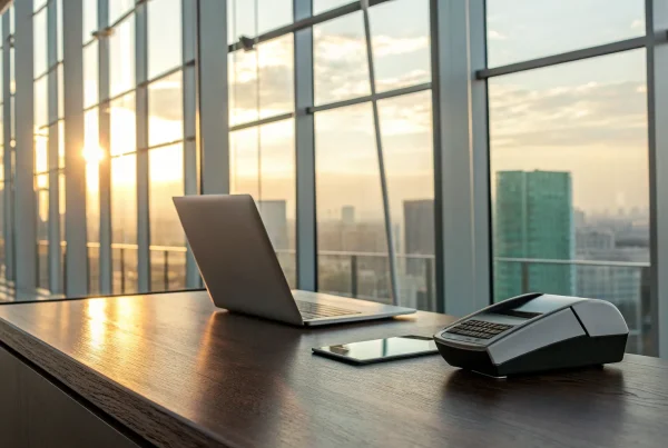 Payment terminal and laptop on a desk for earning lifetime residuals in payment processing.