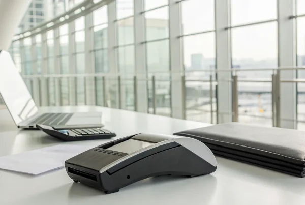 A business desk with a credit card terminal used for legally passing on credit card fees.