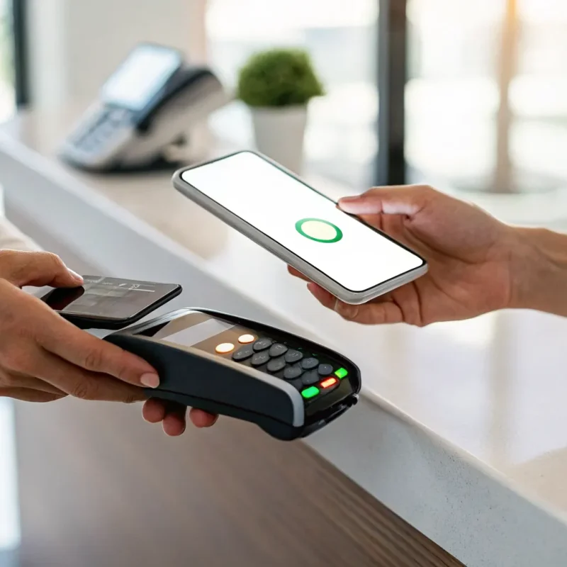 A smartphone completes an instant merchant payment, a key feature for accounts with no credit check.