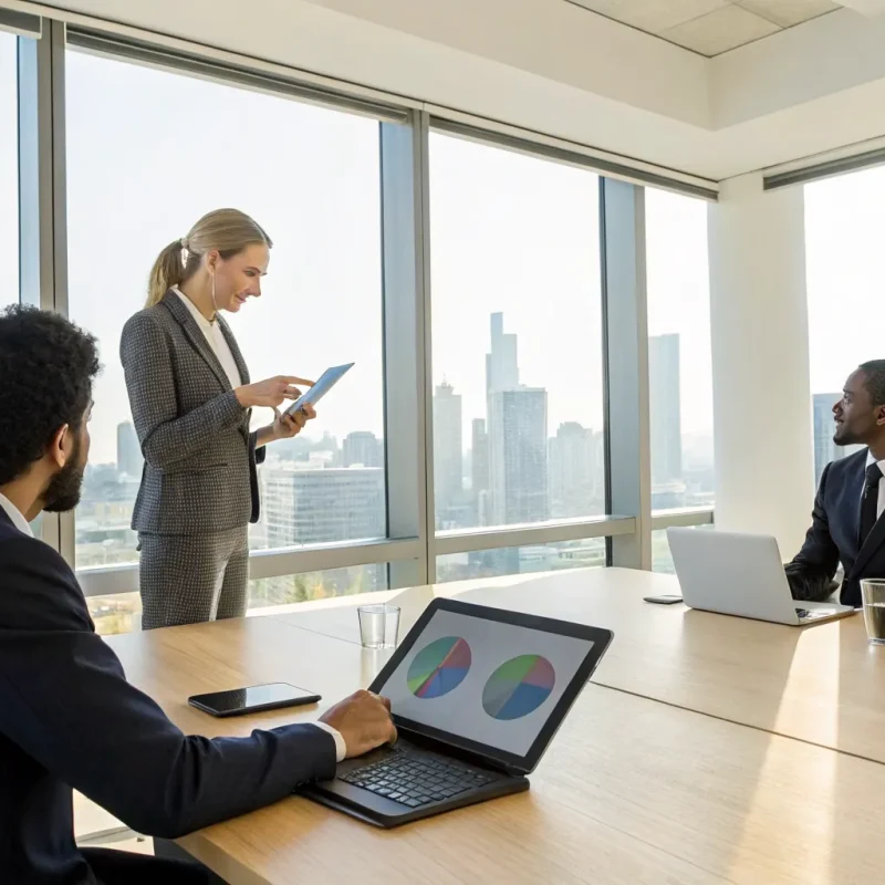 A group discusses career opportunities to join a merchant services sales team.