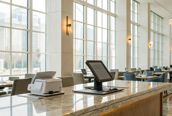 A restaurant POS system on a counter, part of a list of top systems recommended by Reddit.