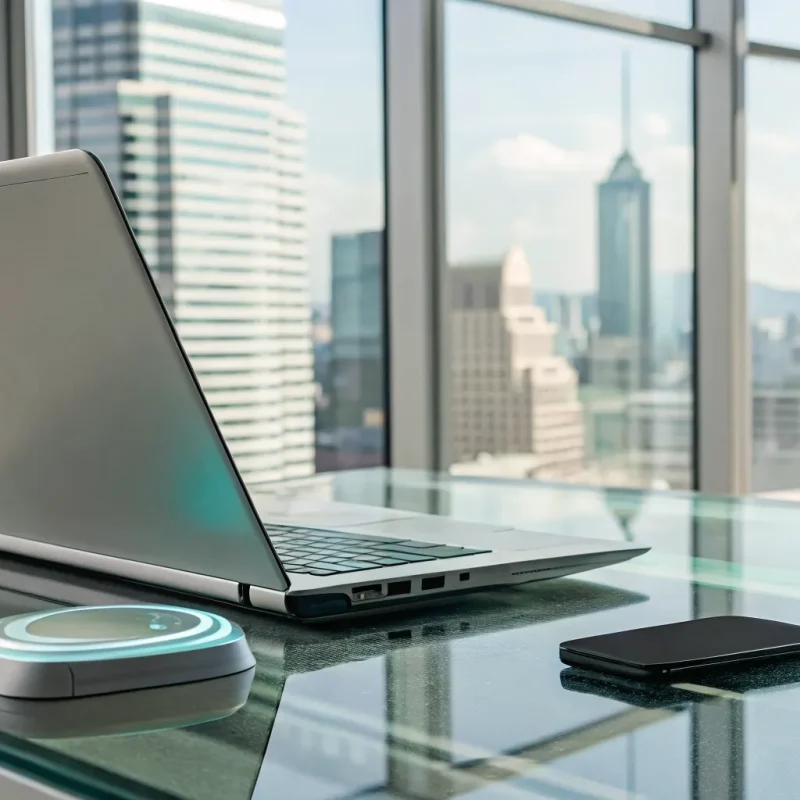 Laptop and smartphone on a modern office desk for same day payment processing.
