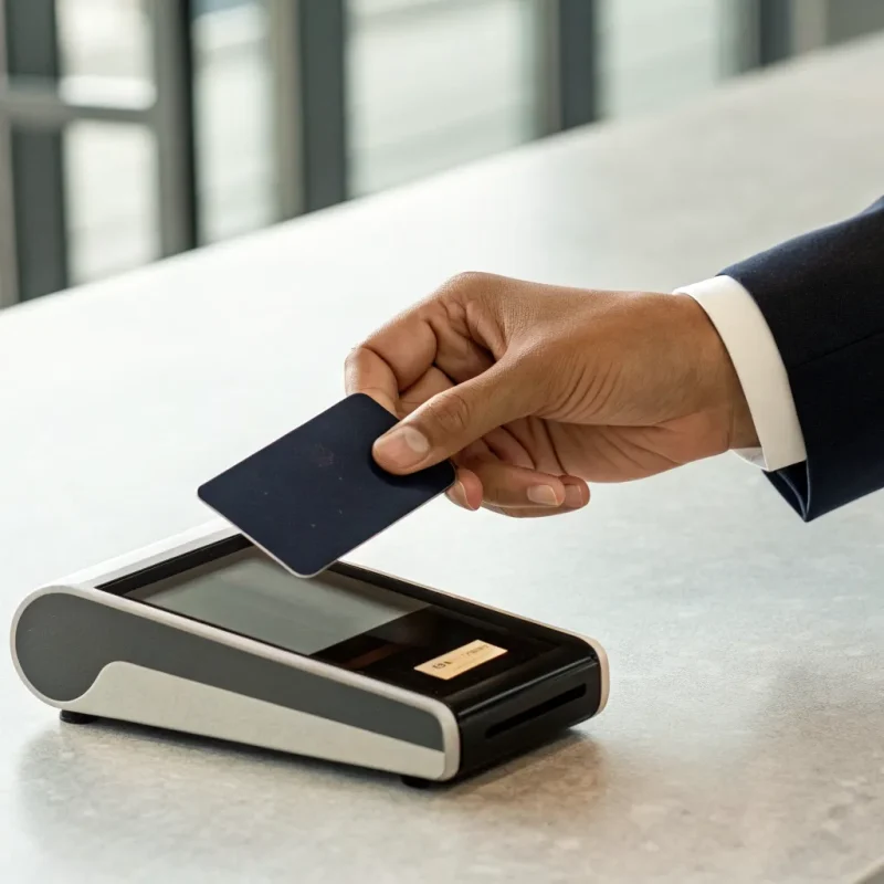 A customer making a secure payment with an EMV chip card and reader.