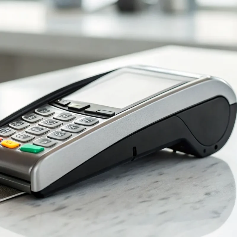 The cost of an EMV compliant card reader on a business countertop.