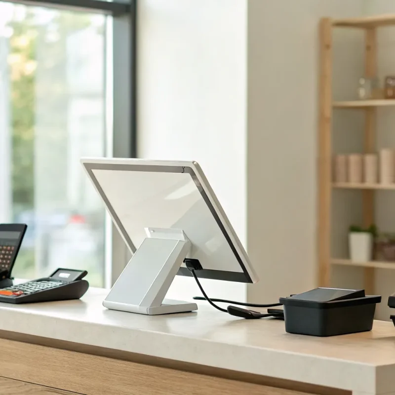 A free POS system on a small business counter with a touchscreen and card reader.