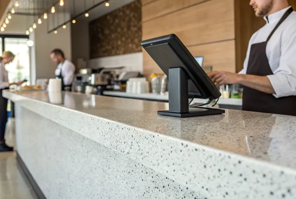 Restaurant POS with integrated payment processing on a modern countertop.