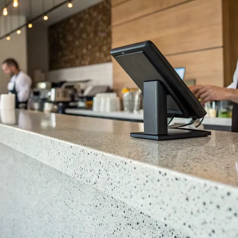 Restaurant POS with integrated payment processing on a modern countertop.