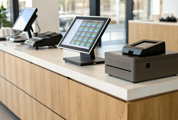 Retail POS system with a cash discount program on a store counter.