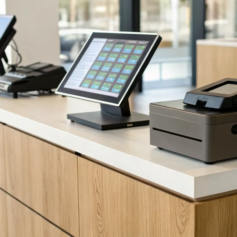 Retail POS system with a cash discount program on a store counter.