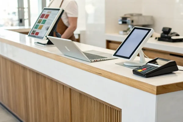 A retail store's checkout counter with an online payment processing terminal.