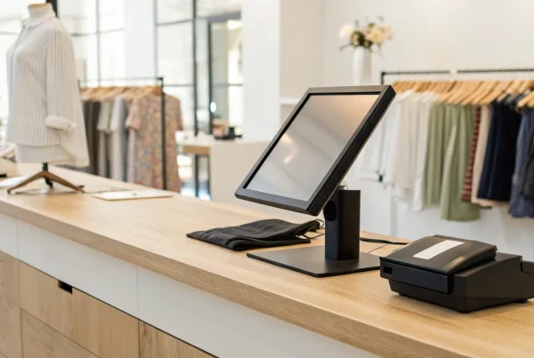 A modern retail POS system on a shop counter, ready to process payments and manage sales.