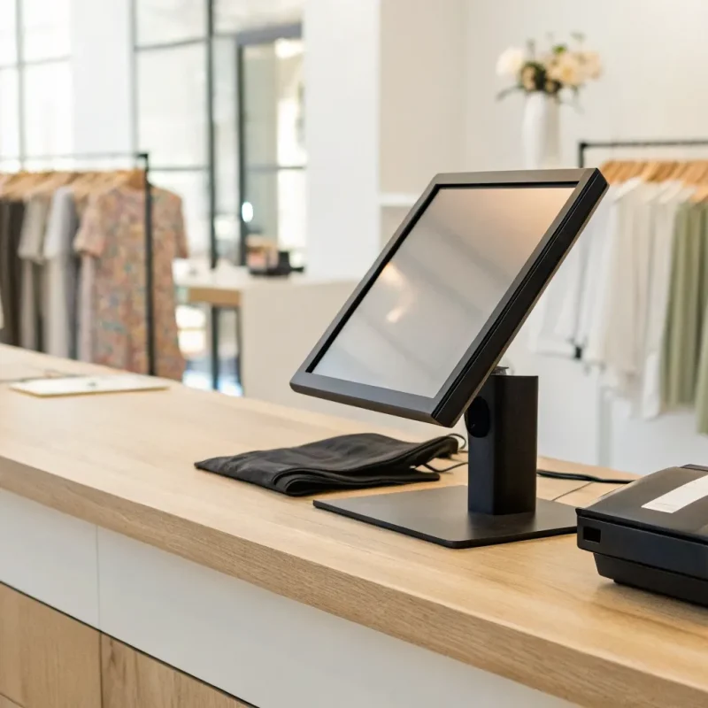 A modern retail POS system on a shop counter, ready to process payments and manage sales.