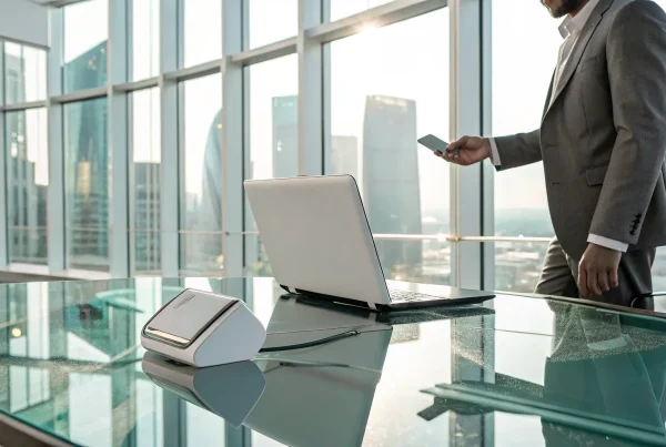 Merchant services agent tracking his lifetime residuals on a laptop and smartphone.