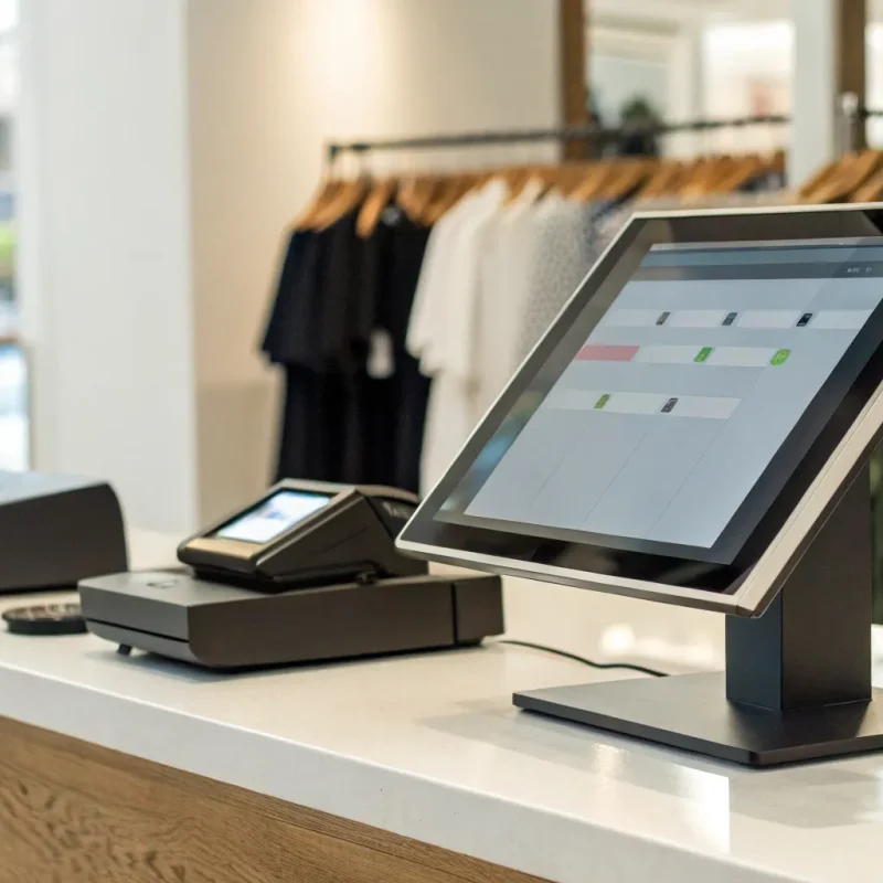 Free POS software on a touchscreen at a retail counter with a card reader and printer.