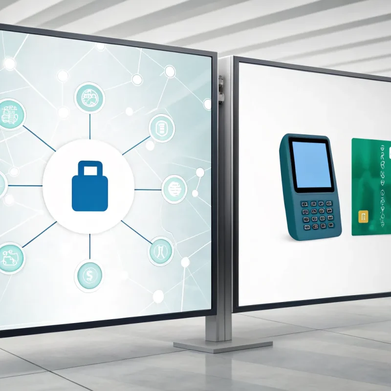 A credit card terminal showing the link between a merchant processor and a merchant account.