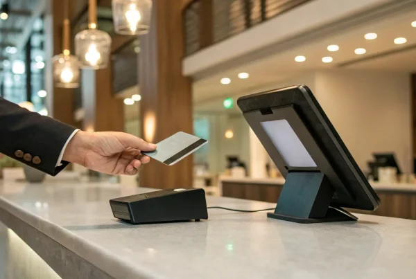 A merchant credit card system terminal processing a customer's payment.