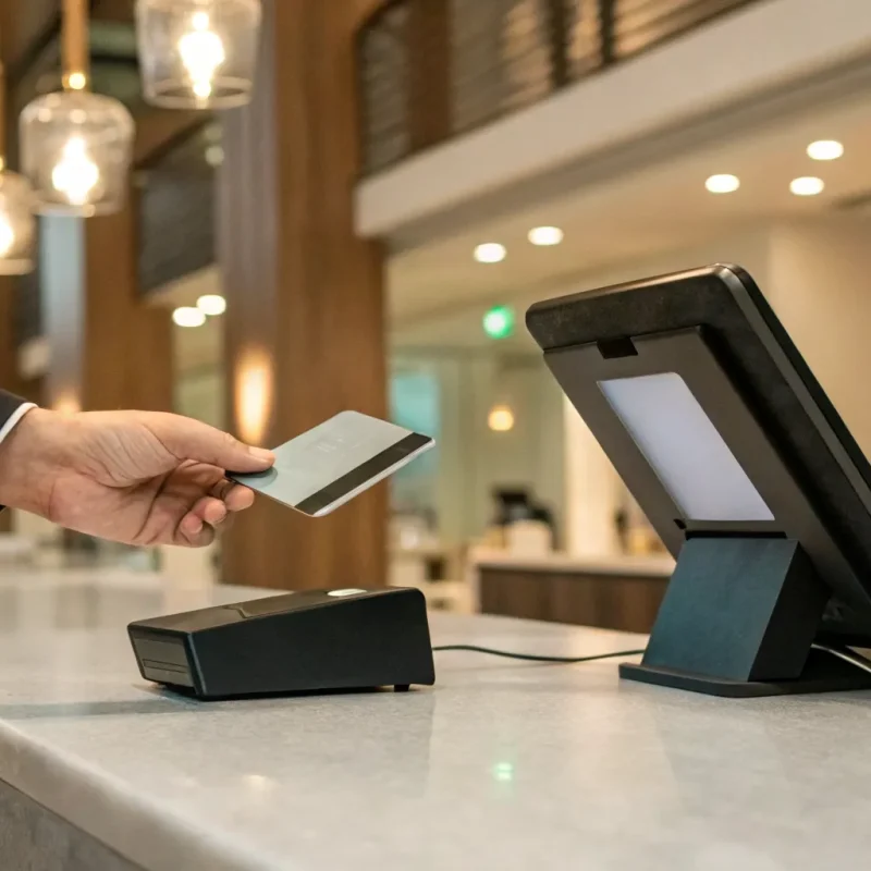 A merchant credit card system terminal processing a customer's payment.