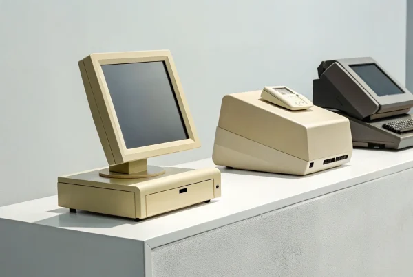 A display of old restaurant POS systems for sale, including terminals and monitors.