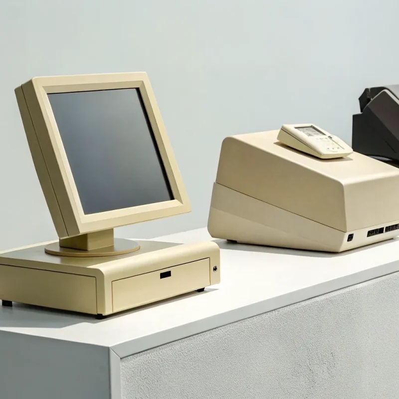 A display of old restaurant POS systems for sale, including terminals and monitors.