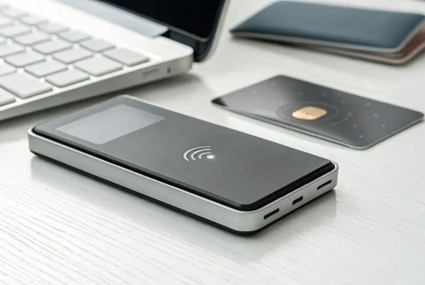 A pay swipe machine next to a credit card, showing the total price and transaction fees.