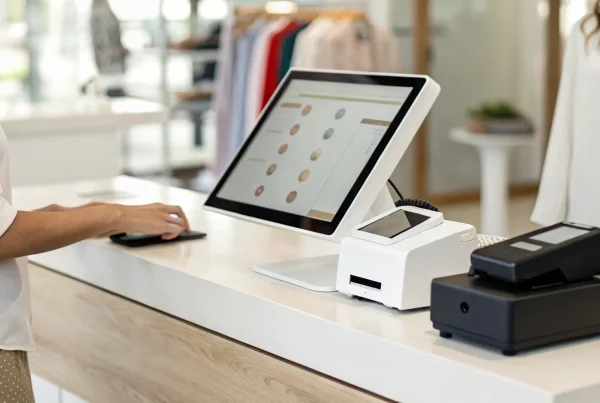 Retail store POS system with a touchscreen, card reader, and receipt printer on a checkout counter.