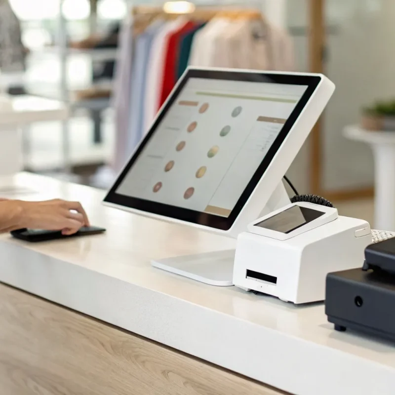 Retail store POS system with a touchscreen, card reader, and receipt printer on a checkout counter.