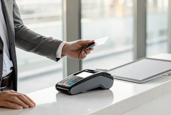 A merchant processes a credit card payment using Take Charge advanced merchant services.