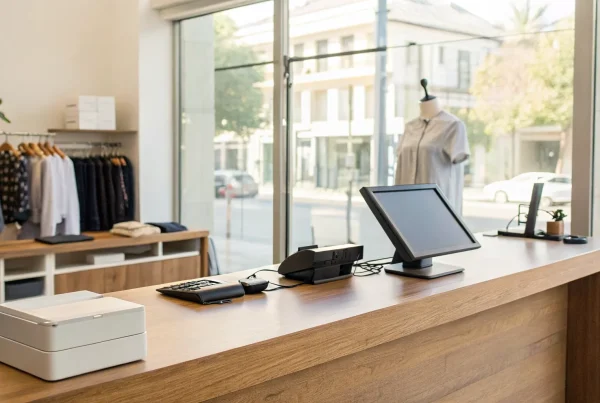 A small business retail counter with a modern, free POS system and payment terminal.