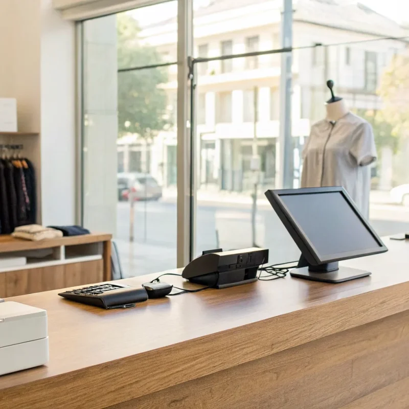 A small business retail counter with a modern, free POS system and payment terminal.