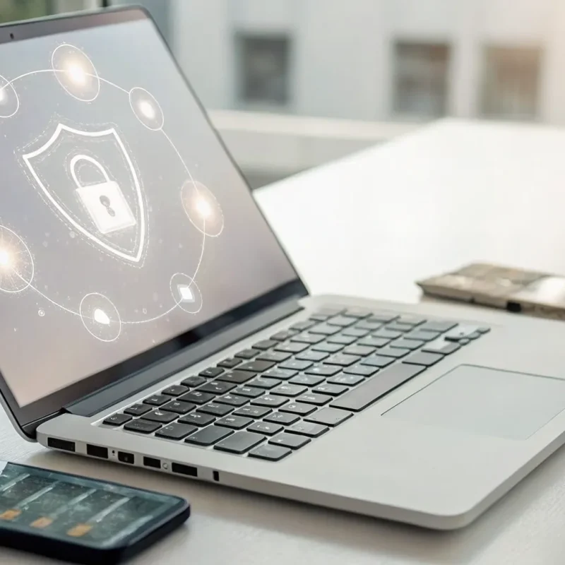 Laptop showing secure online payment methods for a website, with a smartphone and credit card on the desk.