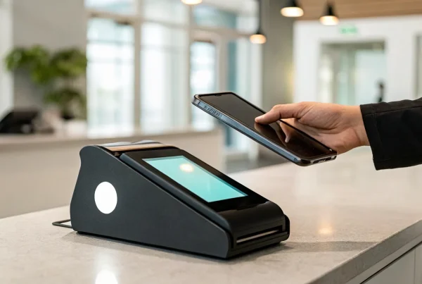 A customer uses a smartphone for a cashless transaction at a payment machine.