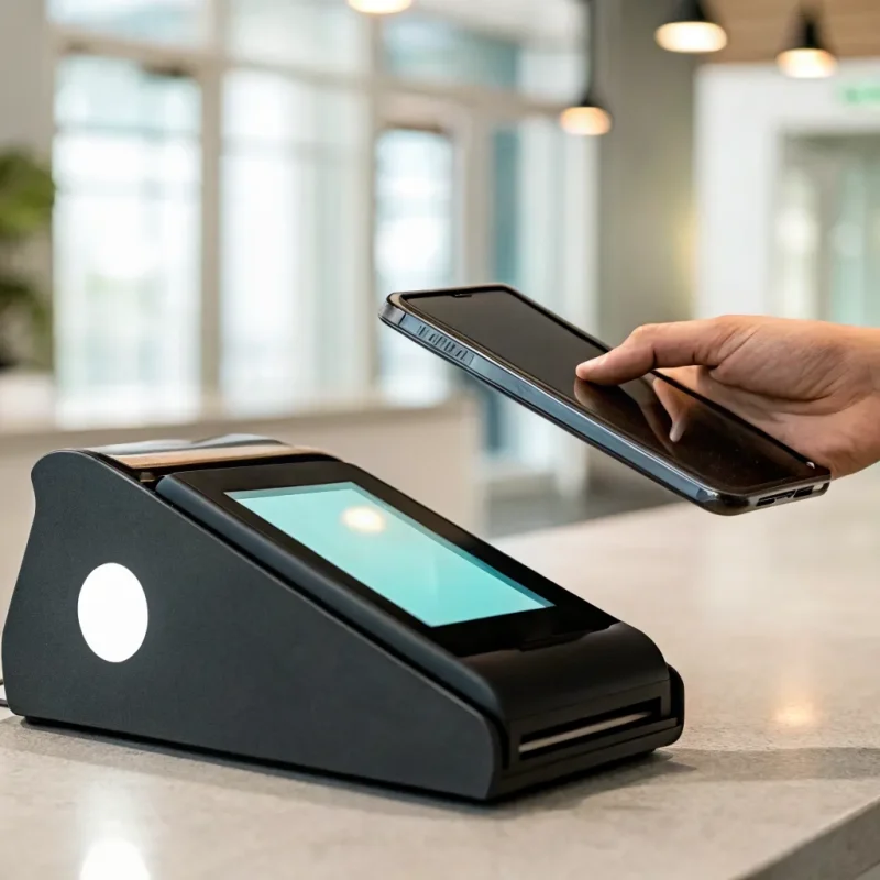 A customer uses a smartphone for a cashless transaction at a payment machine.