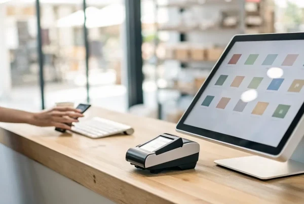 A complete POS software system with a touchscreen display and card reader.
