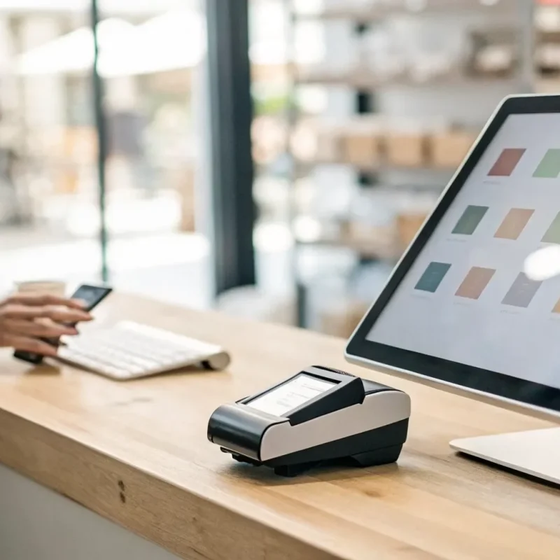 A complete POS software system with a touchscreen display and card reader.