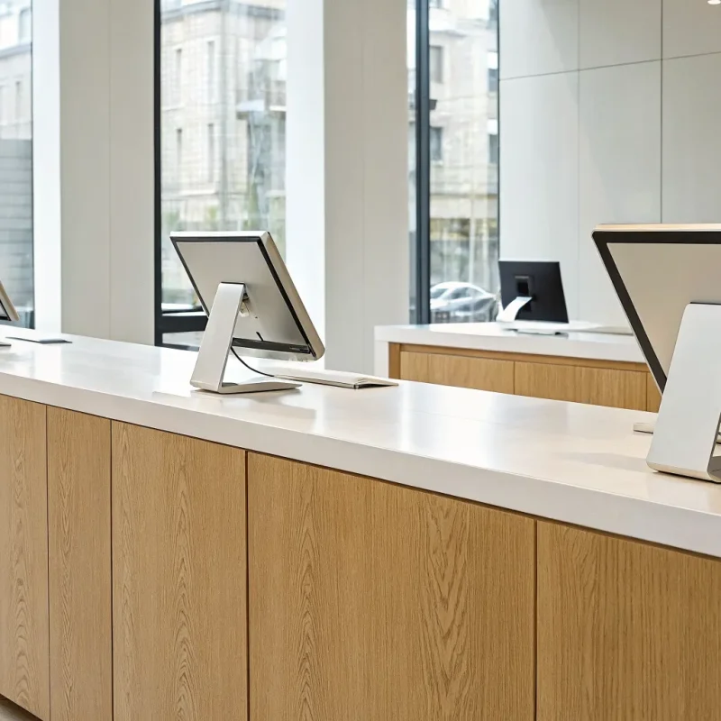 A modern small business retail POS system with a touchscreen terminal on a counter.