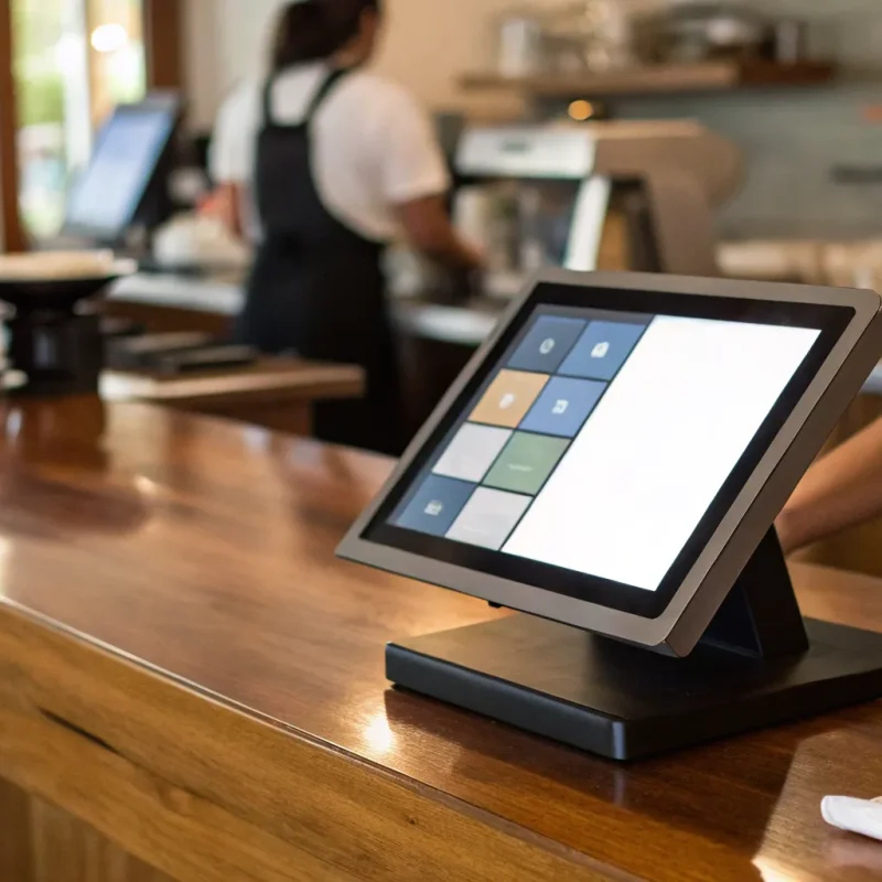 A restaurant staff member using a POS system software on a counter to manage orders.