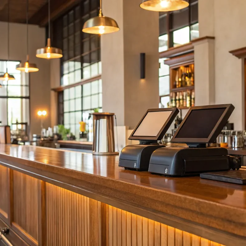 Two of the best POS systems for a restaurant on a modern bar counter.