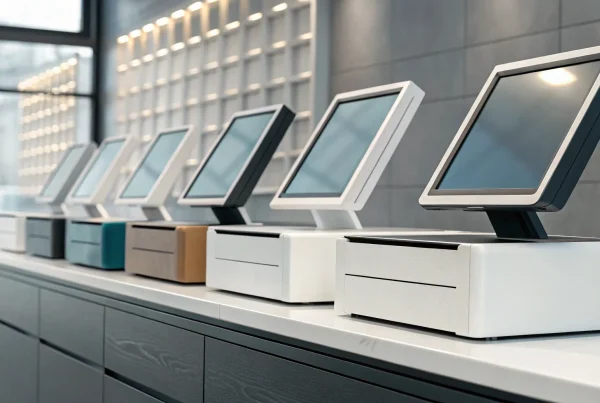 A row of different POS system examples on a retail counter.