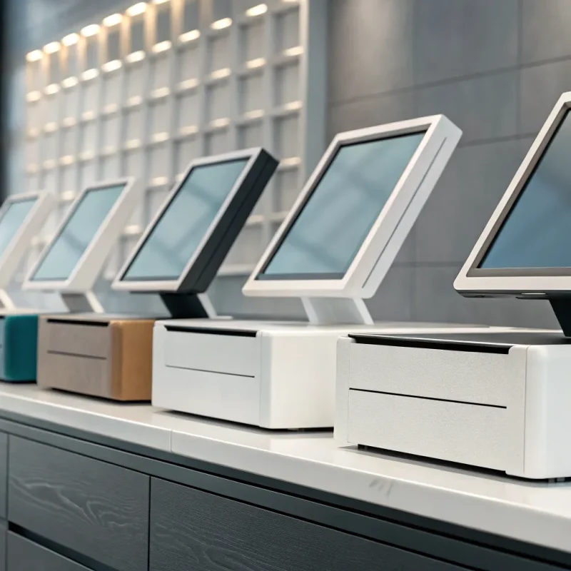 A row of different POS system examples on a retail counter.