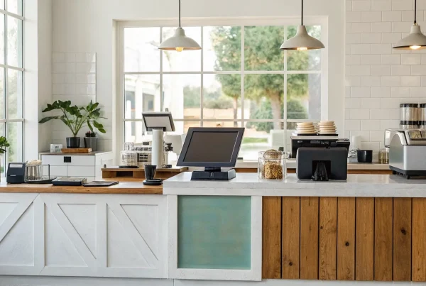 A modern POS system example on a small business checkout counter.