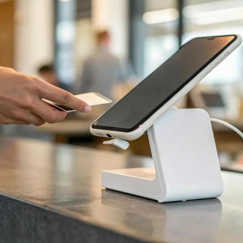 Accepting a credit card payment with a mobile swiper for a phone.