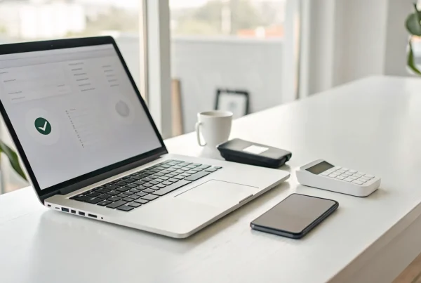 Applying for a merchant account online from a desk with a laptop.