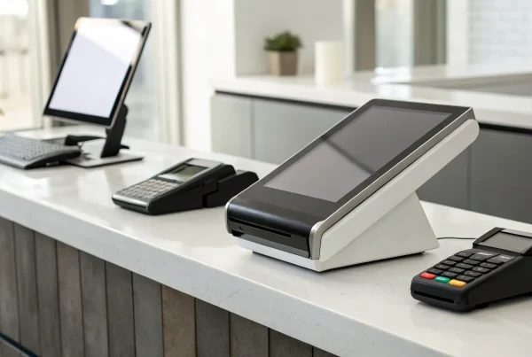Payment terminal machine on a retail counter next to a POS system.